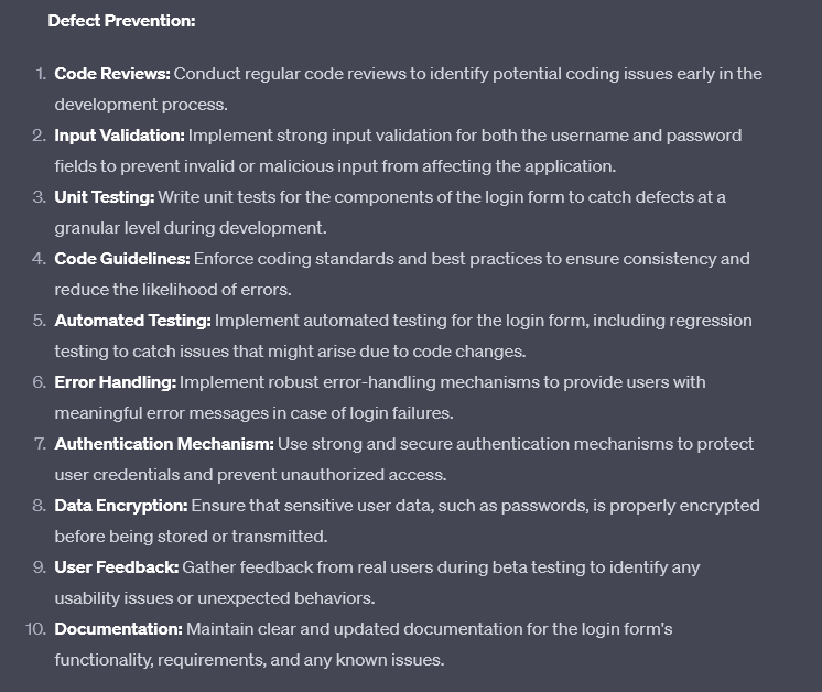 Suggestion for Defect prevention generated by GPT-4