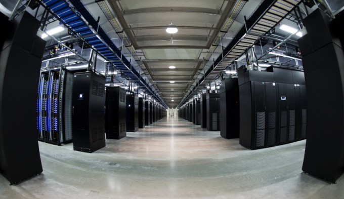 This picture taken with a fisheye lens shows thousands of servers at the new Facebook Data Center
